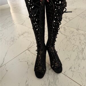 Via Spiga Black Lace-Up Over the Knee Boots